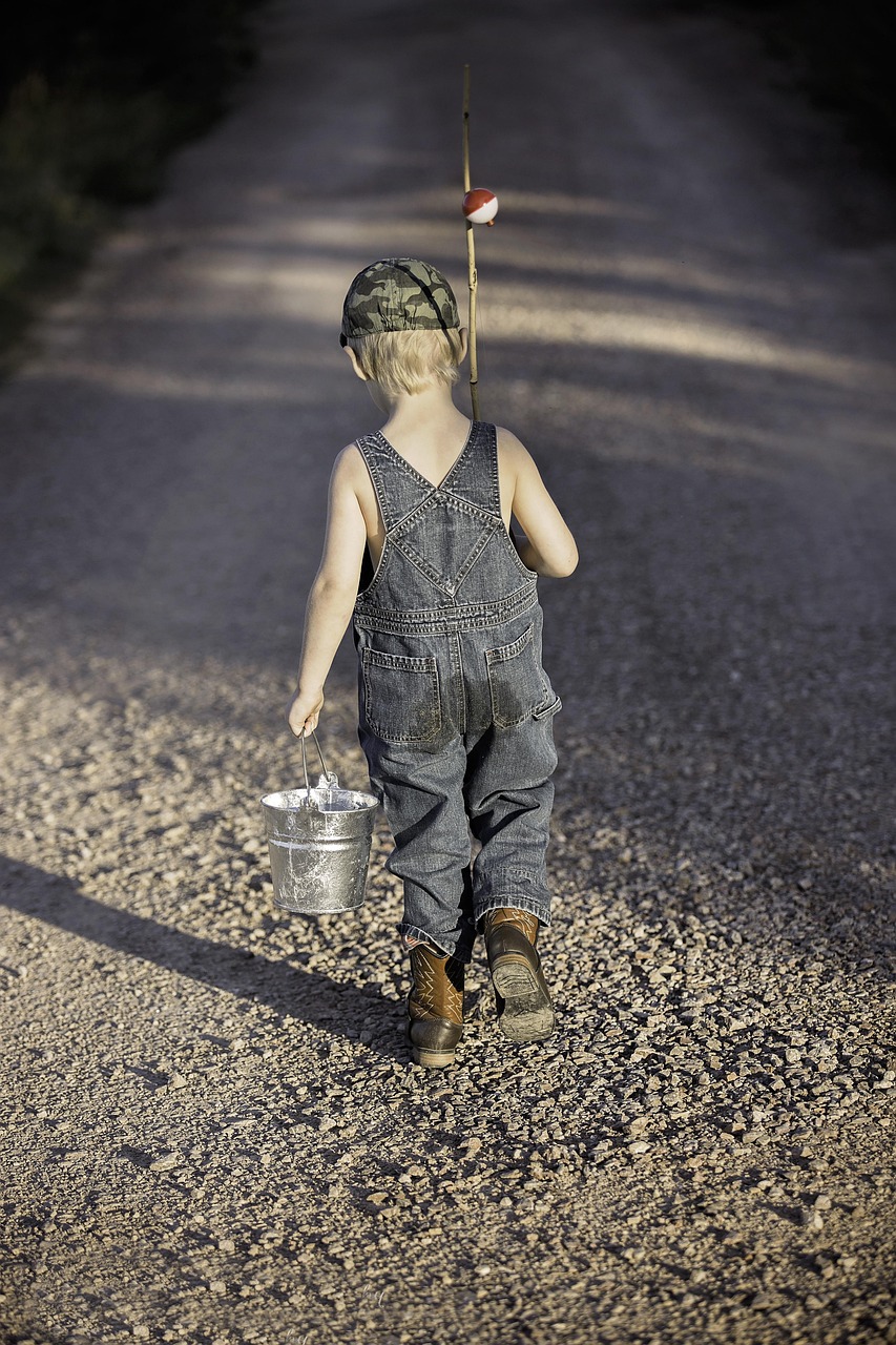 hero boy, child, fishing rod, bucket, fishing, fisherman, kid, young, small, nature, childhood, walking, summer, adventure, lifestyle, outdoors, back view