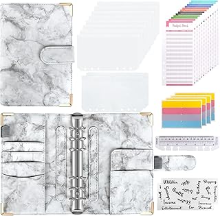 Cahier Budget A6, Lot de 30 Reliure à 6 Trous avec Pochettes, Feuilles Budgétaires, Autocollants d'étiquettes, Reliure à Anneaux Souple (Gris)