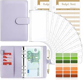 TAOPE Classeur Budget avec Enveloppe Budget, Classeur A6 Budget Planner Sets en PU Cuir, Carnet Budget 6 Anneaux Remplissable avec Pochettes A6 Transparentes, Organisateur Enveloppe Budget Violet Pur